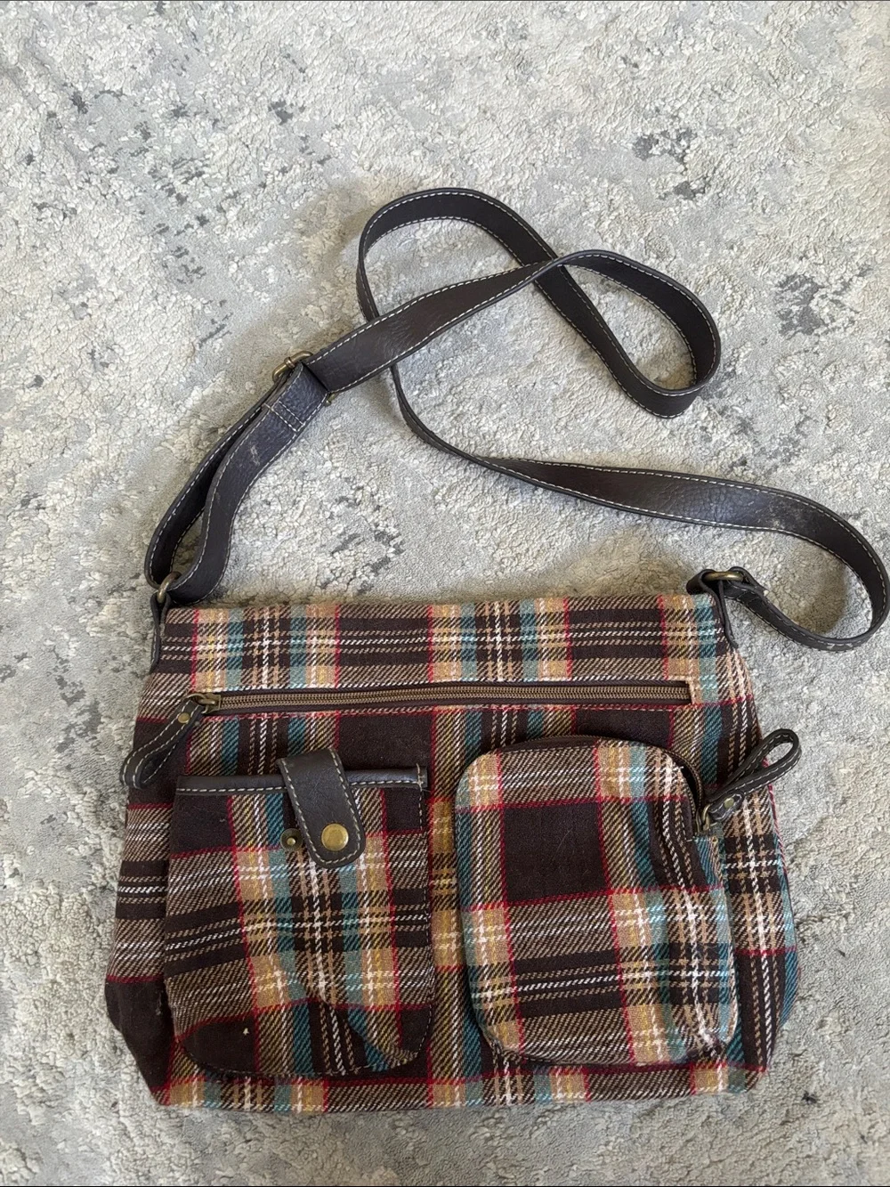 Relic Plaid Messenger Bag in Brown with Teal & Red Accents